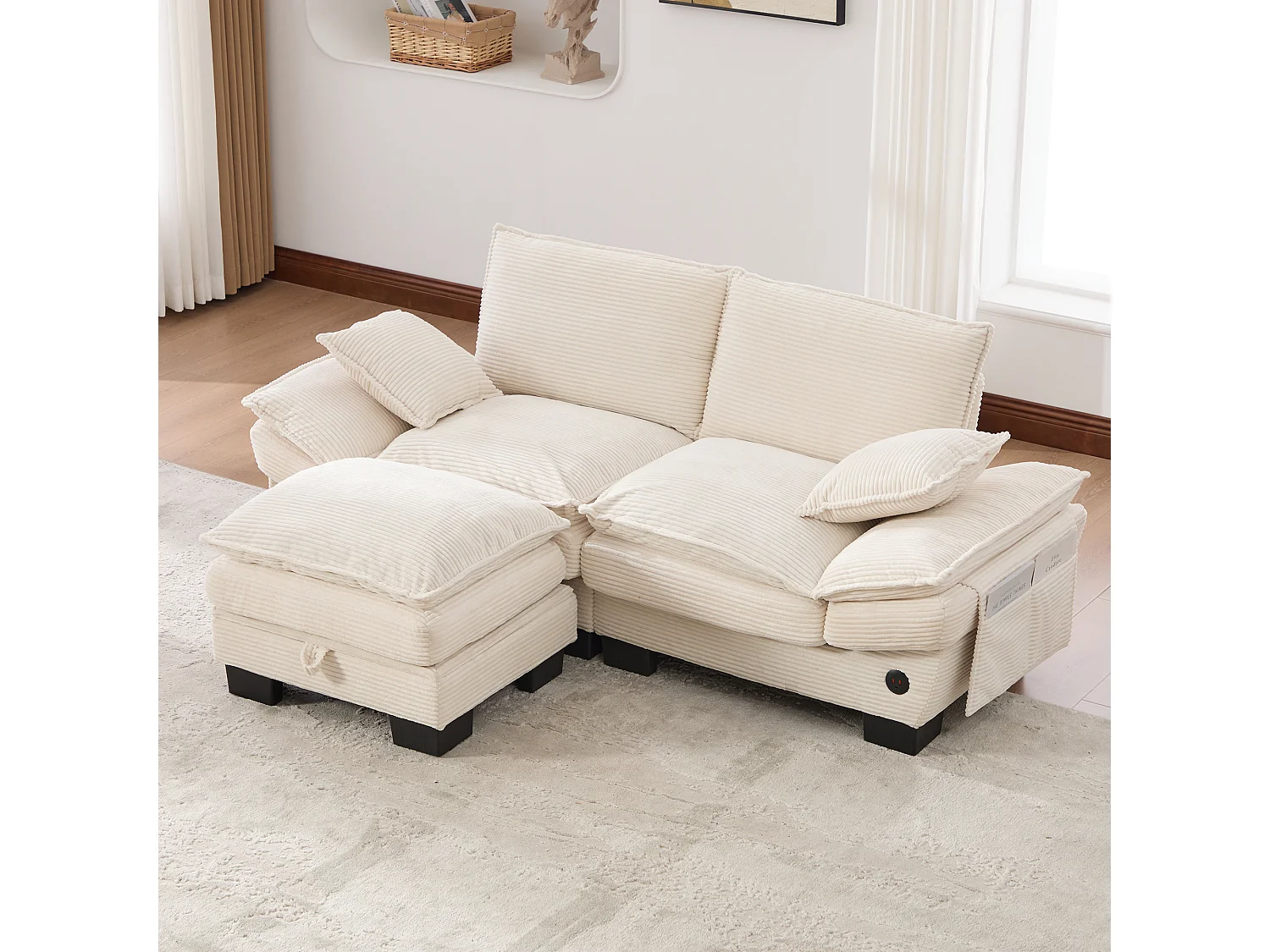 Zweisitzer-Cordsofa-Set – 190 x 132 x 84 cm – mit 1 Aufbewahrungshocker + USB-Anschluss + Taschen – beige