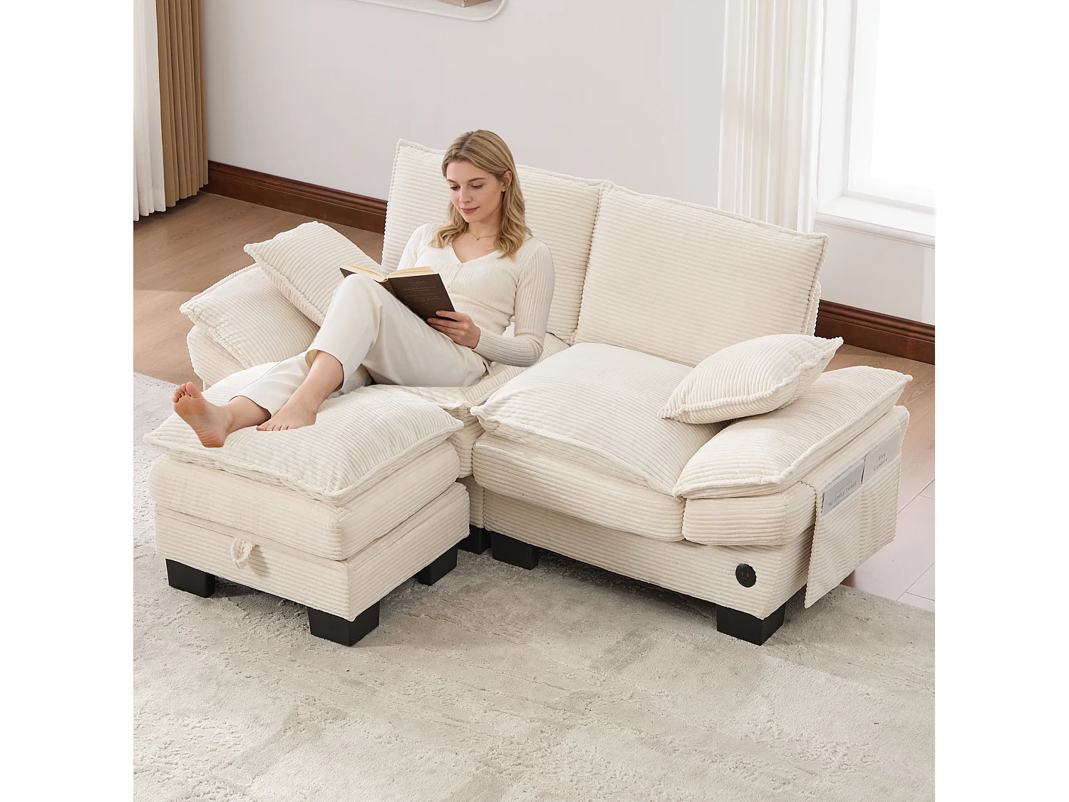 Zweisitzer-Cordsofa-Set – 190 x 132 x 84 cm – mit 1 Aufbewahrungshocker + USB-Anschluss + Taschen – beige