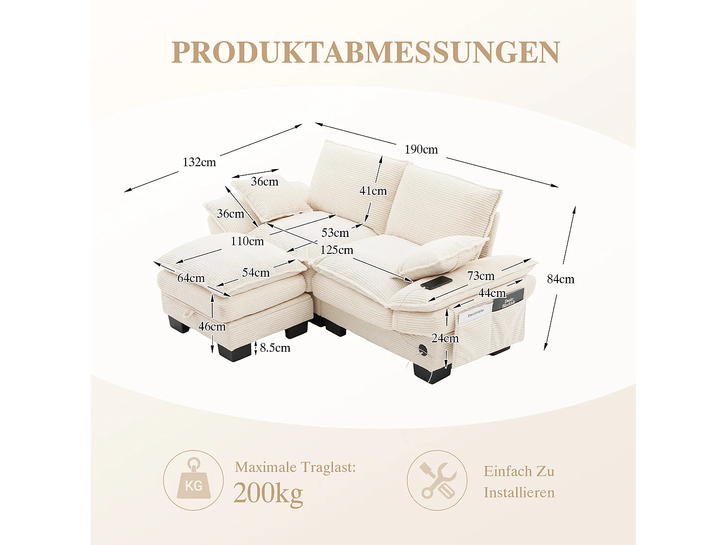 Zweisitzer-Cordsofa-Set – 190 x 132 x 84 cm – mit 1 Aufbewahrungshocker + USB-Anschluss + Taschen – beige