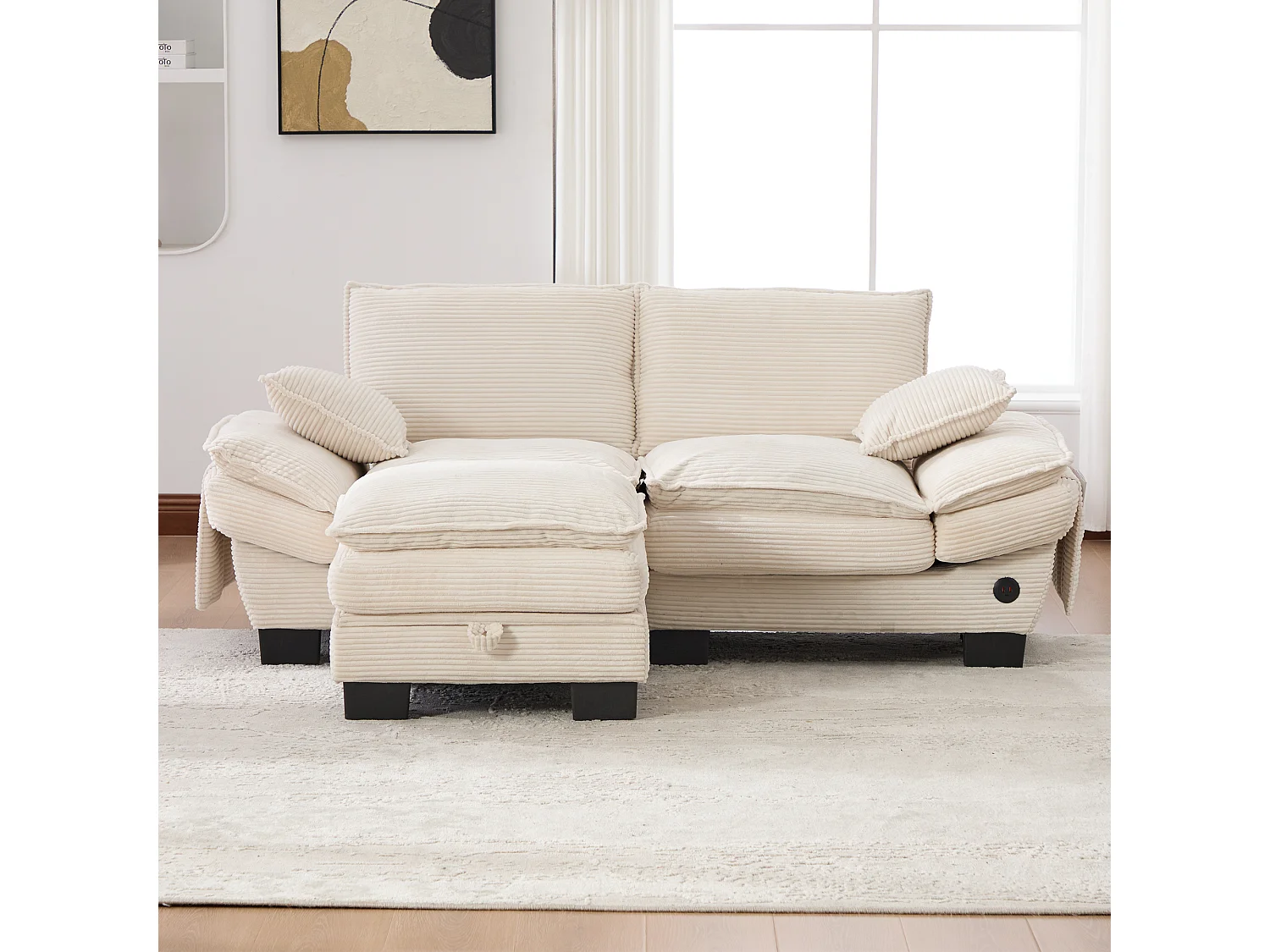Zweisitzer-Cordsofa-Set – 190 x 132 x 84 cm – mit 1 Aufbewahrungshocker + USB-Anschluss + Taschen – beige