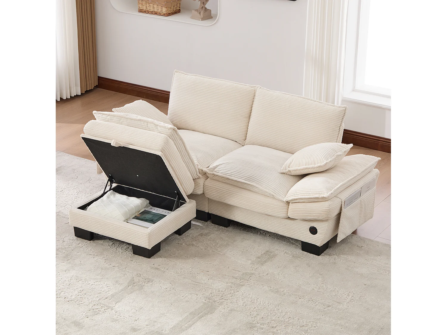 Zweisitzer-Cordsofa-Set – 190 x 132 x 84 cm – mit 1 Aufbewahrungshocker + USB-Anschluss + Taschen – beige