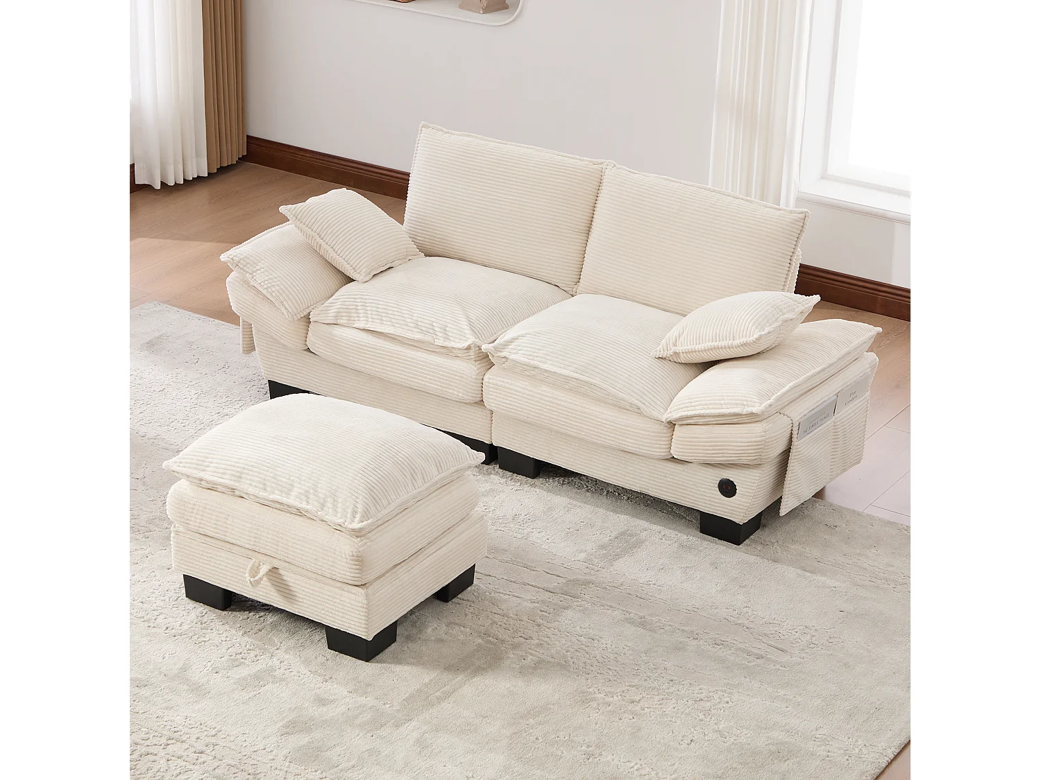 Zweisitzer-Cordsofa-Set – 190 x 132 x 84 cm – mit 1 Aufbewahrungshocker + USB-Anschluss + Taschen – beige
