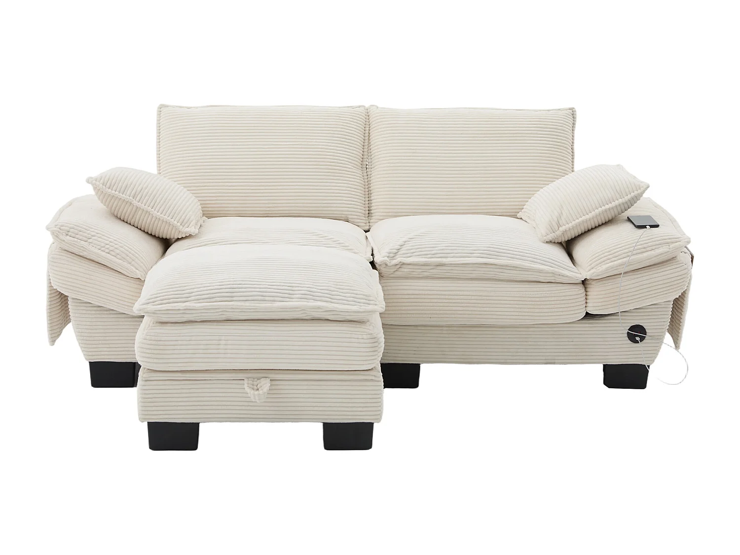 Zweisitzer-Cordsofa-Set – 190 x 132 x 84 cm – mit 1 Aufbewahrungshocker + USB-Anschluss + Taschen – beige