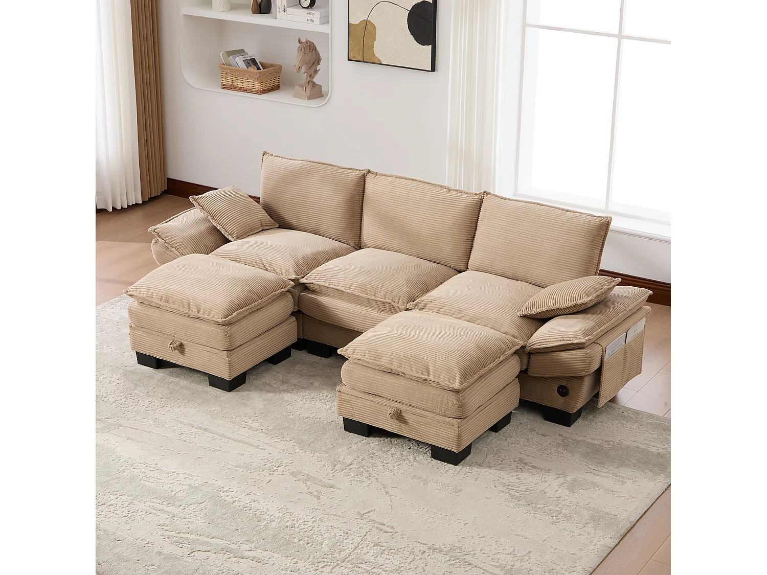 Ensemble canapé 3 places en velours côtelé - 260 x 132 x 84 cm - avec 2 poufs de rangement + USB + poches - kaki