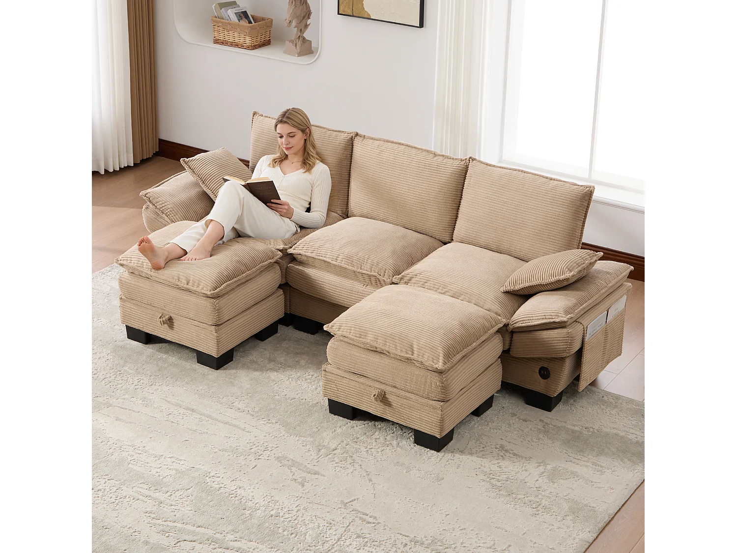 Ensemble canapé 3 places en velours côtelé - 260 x 132 x 84 cm - avec 2 poufs de rangement + USB + poches - kaki