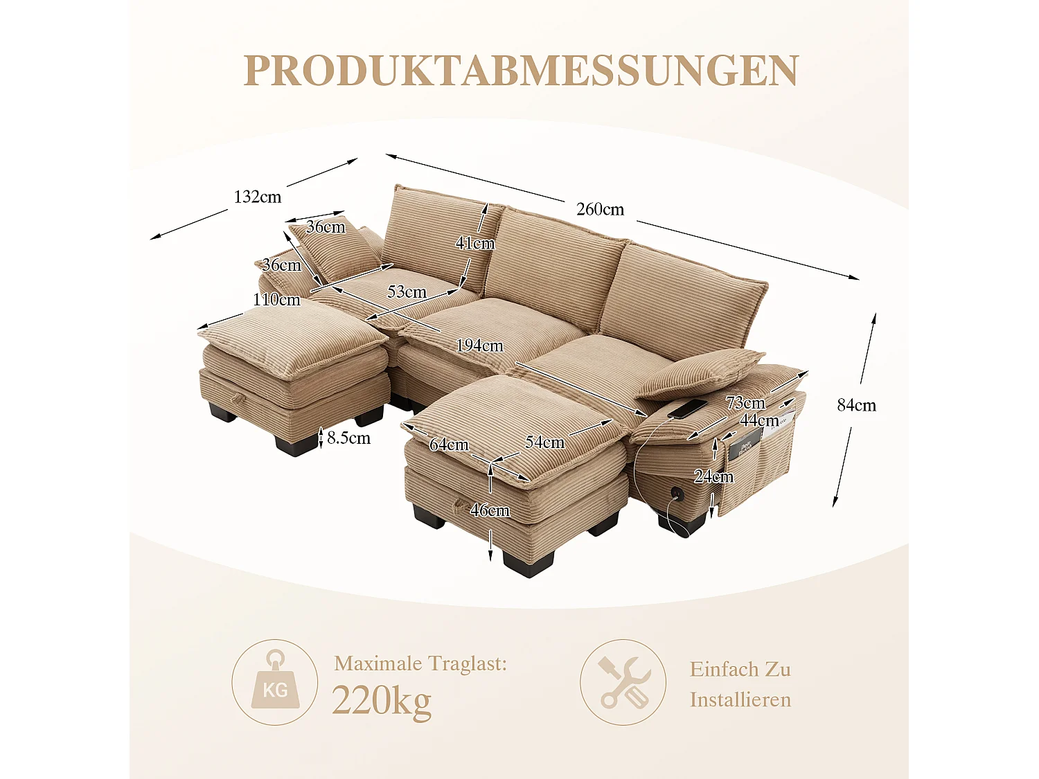 Ensemble canapé 3 places en velours côtelé - 260 x 132 x 84 cm - avec 2 poufs de rangement + USB + poches - kaki