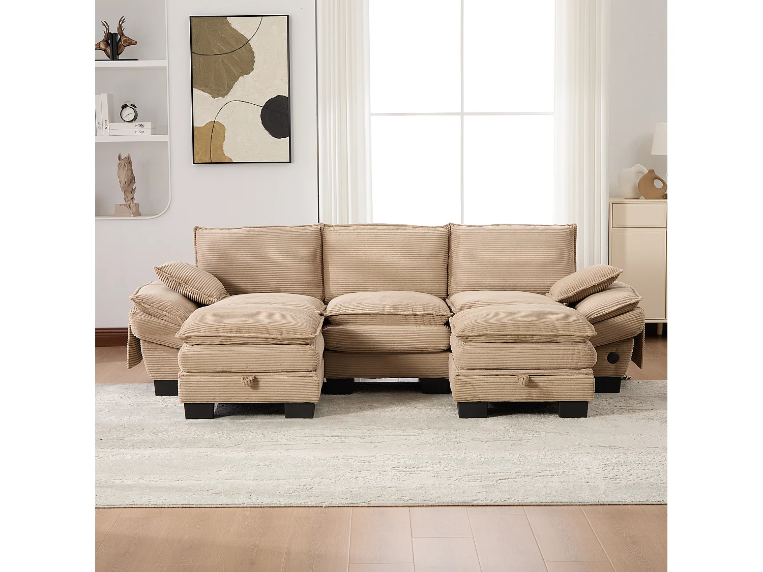 Ensemble canapé 3 places en velours côtelé - 260 x 132 x 84 cm - avec 2 poufs de rangement + USB + poches - kaki