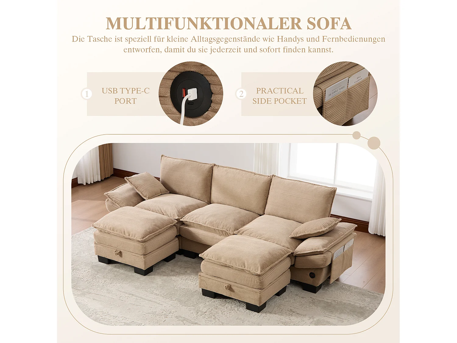 Ensemble canapé 3 places en velours côtelé - 260 x 132 x 84 cm - avec 2 poufs de rangement + USB + poches - kaki