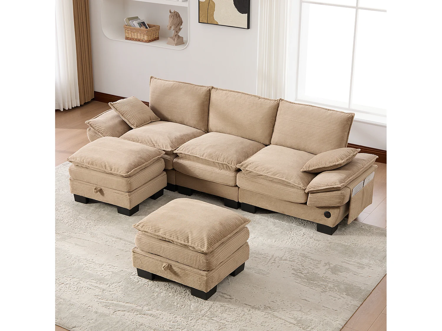 Ensemble canapé 3 places en velours côtelé - 260 x 132 x 84 cm - avec 2 poufs de rangement + USB + poches - kaki