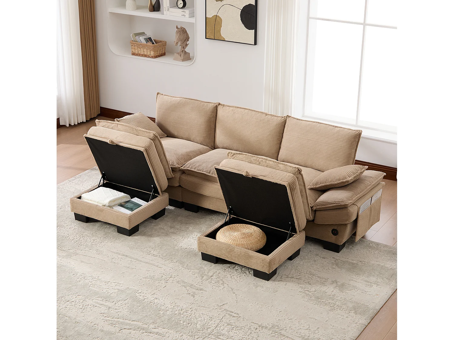 Ensemble canapé 3 places en velours côtelé - 260 x 132 x 84 cm - avec 2 poufs de rangement + USB + poches - kaki