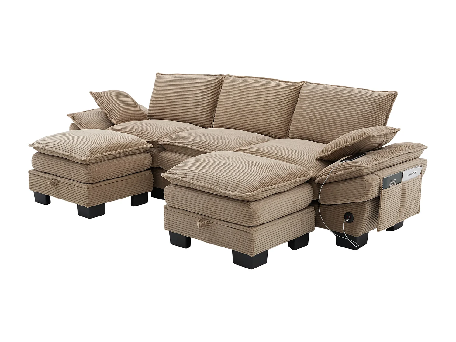 Ensemble canapé 3 places en velours côtelé - 260 x 132 x 84 cm - avec 2 poufs de rangement + USB + poches - kaki