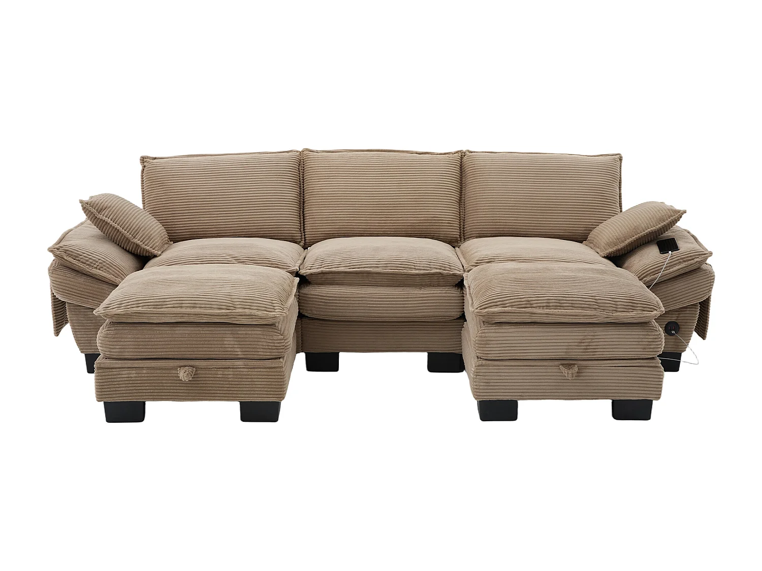 Ensemble canapé 3 places en velours côtelé - 260 x 132 x 84 cm - avec 2 poufs de rangement + USB + poches - kaki