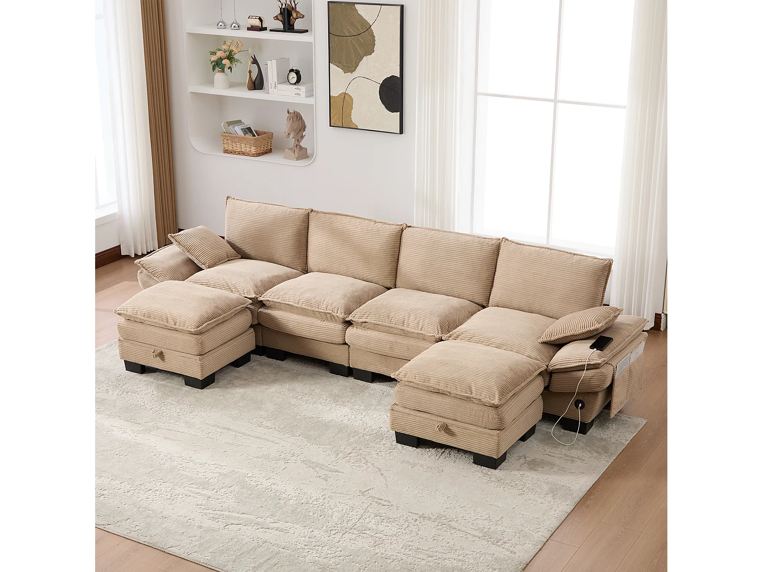 4-Sitzer-Cordsofa-Set – 330 x 132 x 84 cm – mit 2 Aufbewahrungshockern, USB-Anschluss und Taschen – Khaki