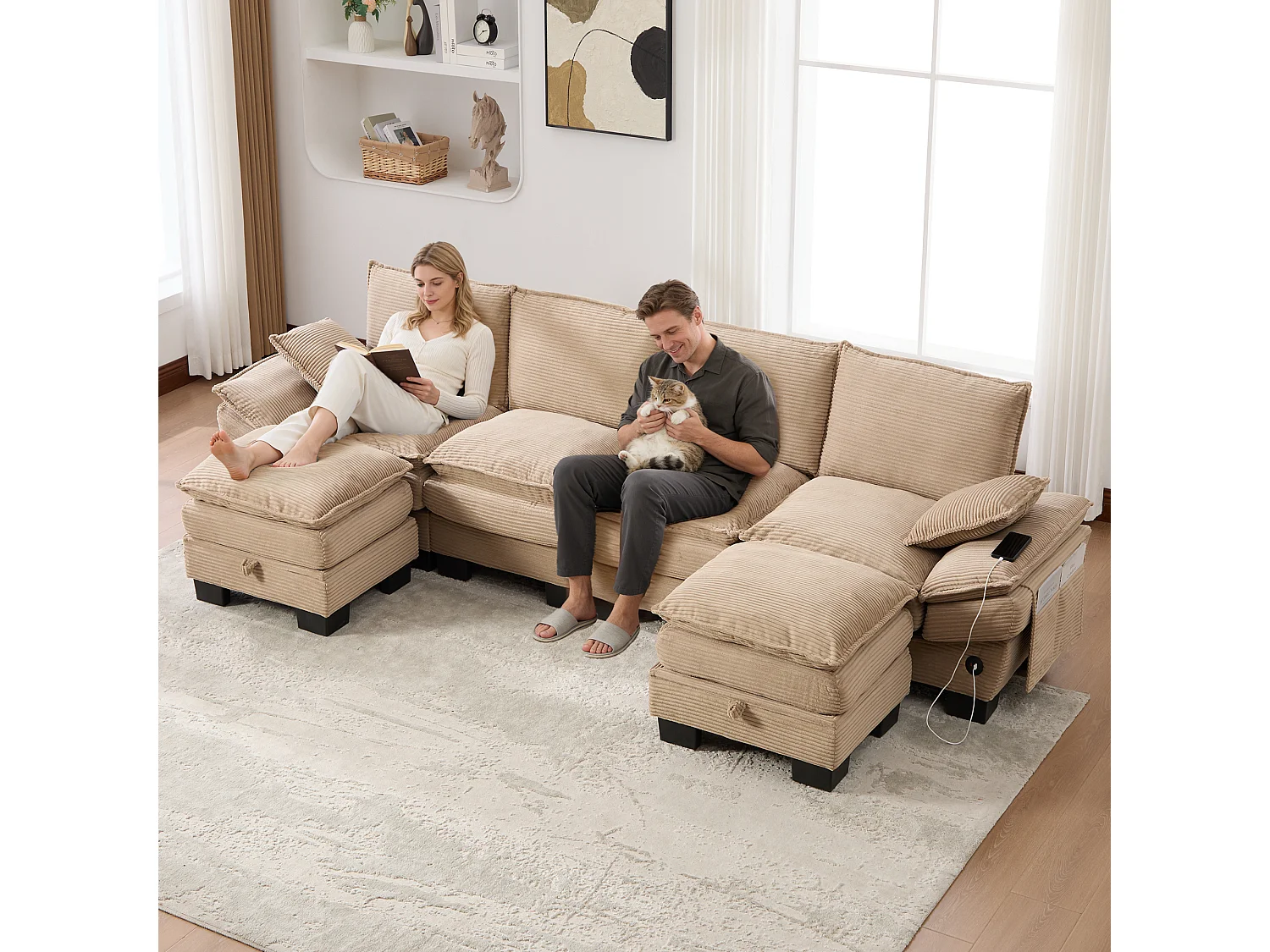 4-Sitzer-Cordsofa-Set – 330 x 132 x 84 cm – mit 2 Aufbewahrungshockern, USB-Anschluss und Taschen – Khaki