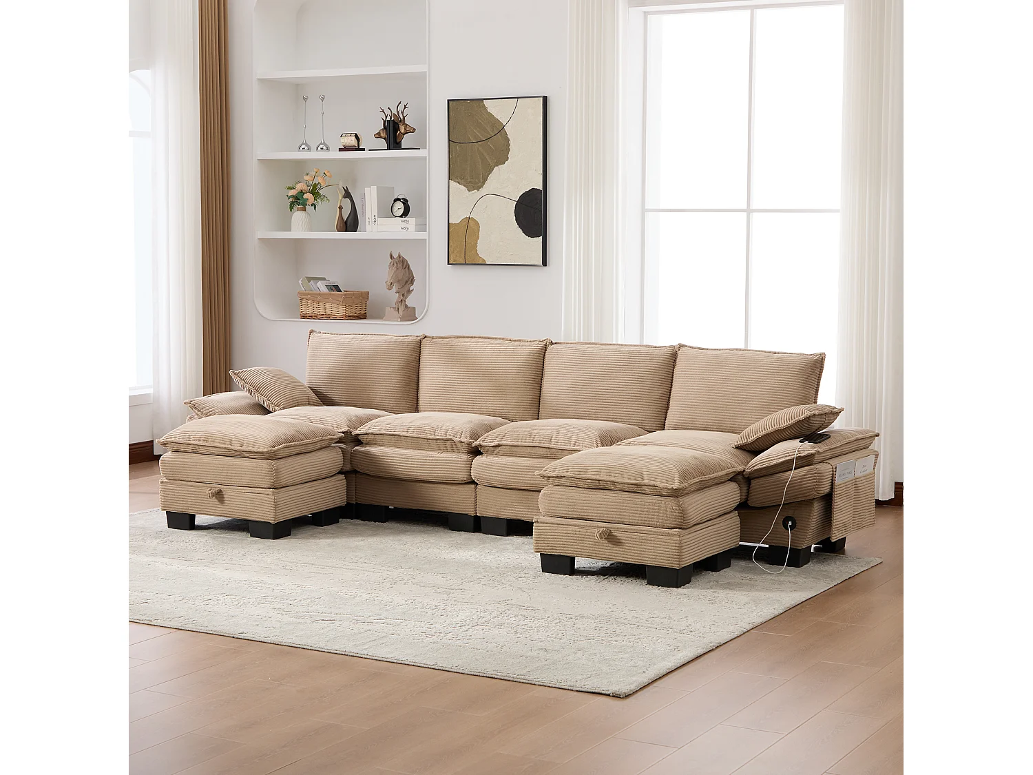 4-Sitzer-Cordsofa-Set – 330 x 132 x 84 cm – mit 2 Aufbewahrungshockern, USB-Anschluss und Taschen – Khaki