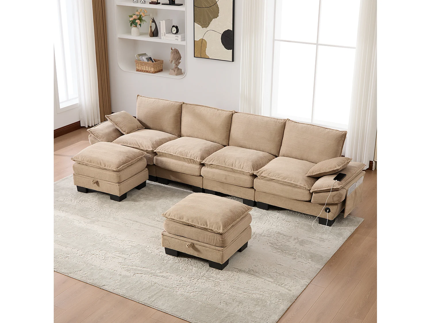 4-Sitzer-Cordsofa-Set – 330 x 132 x 84 cm – mit 2 Aufbewahrungshockern, USB-Anschluss und Taschen – Khaki