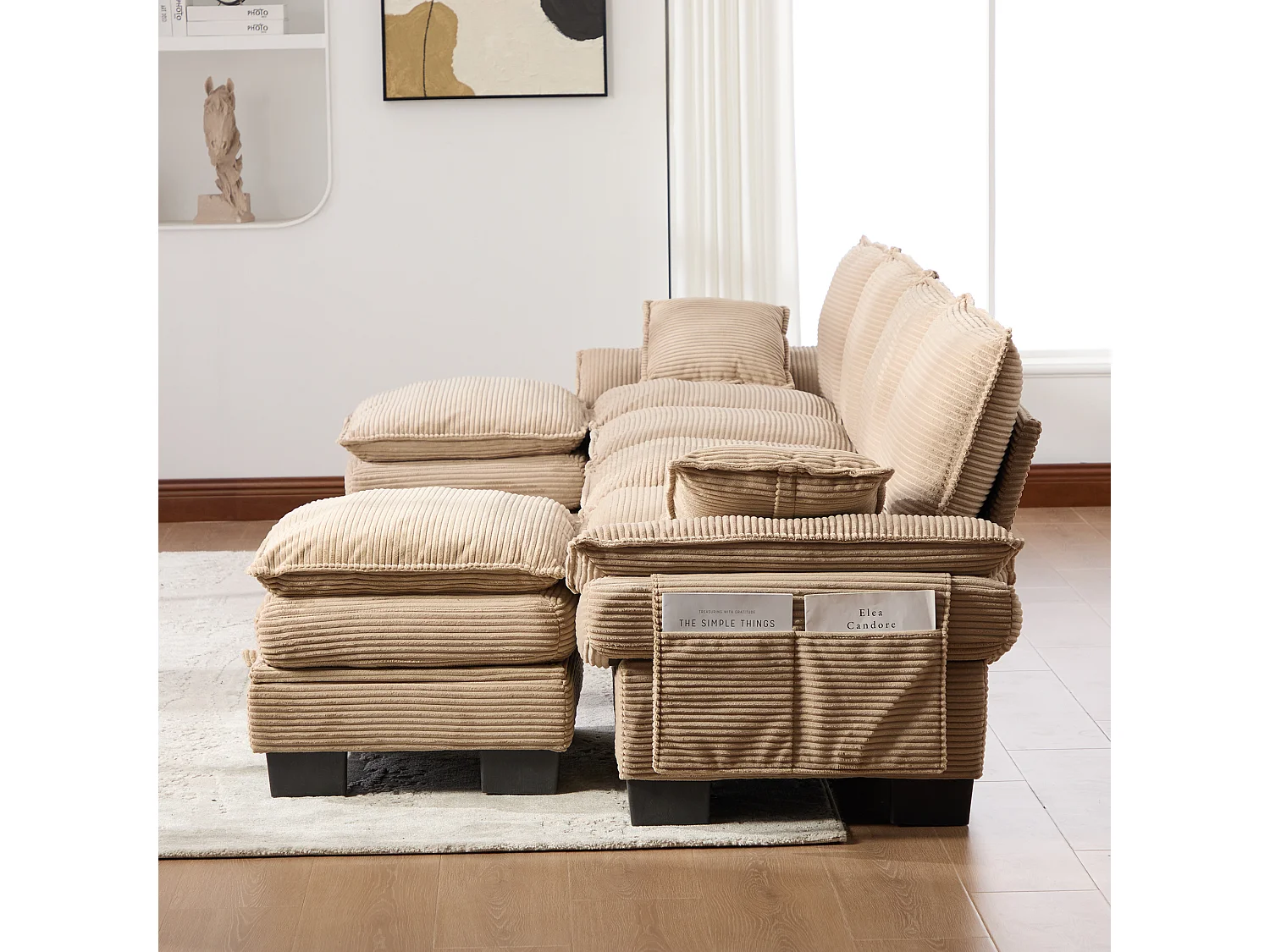 4-Sitzer-Cordsofa-Set – 330 x 132 x 84 cm – mit 2 Aufbewahrungshockern, USB-Anschluss und Taschen – Khaki