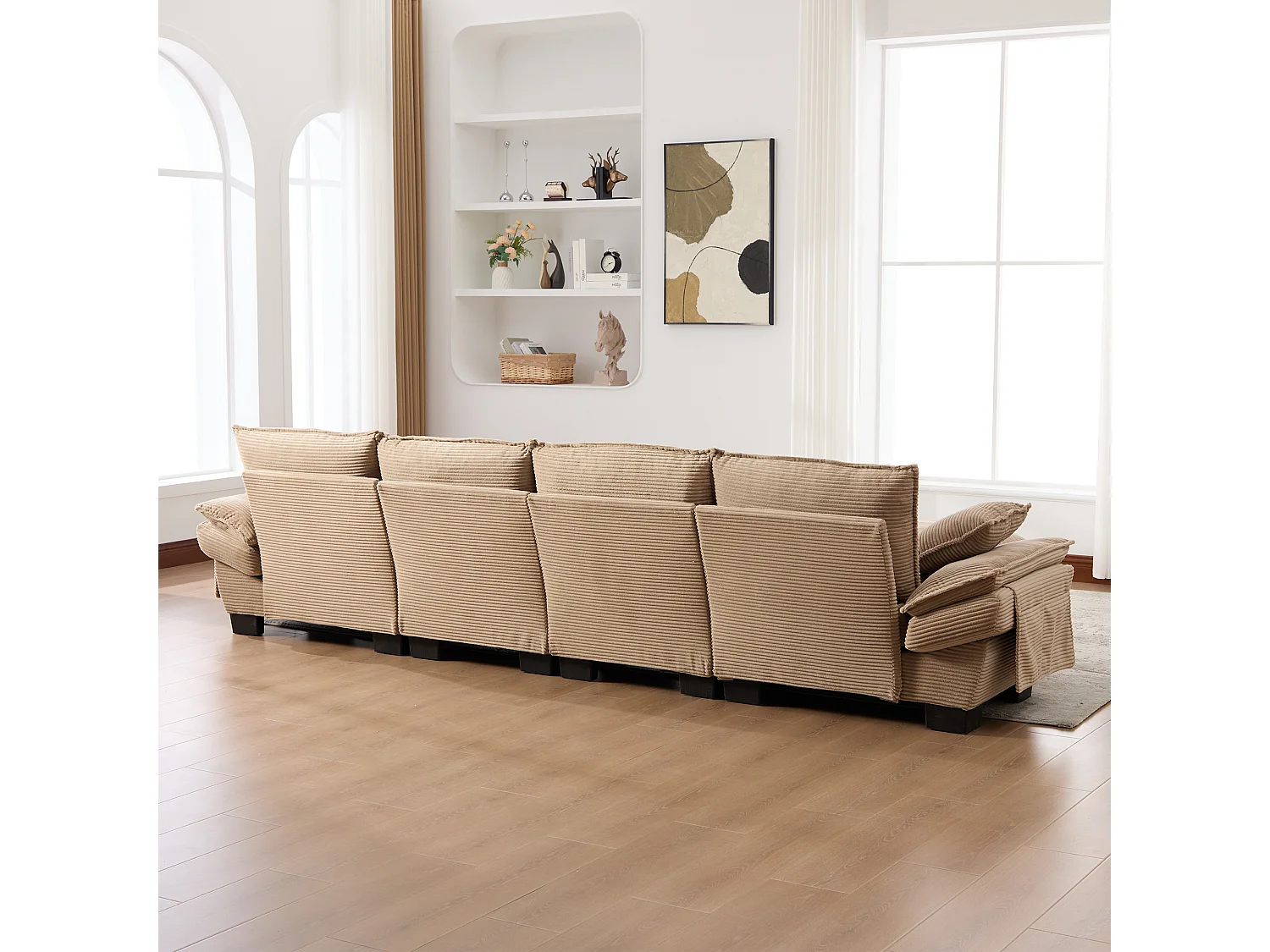 4-Sitzer-Cordsofa-Set – 330 x 132 x 84 cm – mit 2 Aufbewahrungshockern, USB-Anschluss und Taschen – Khaki