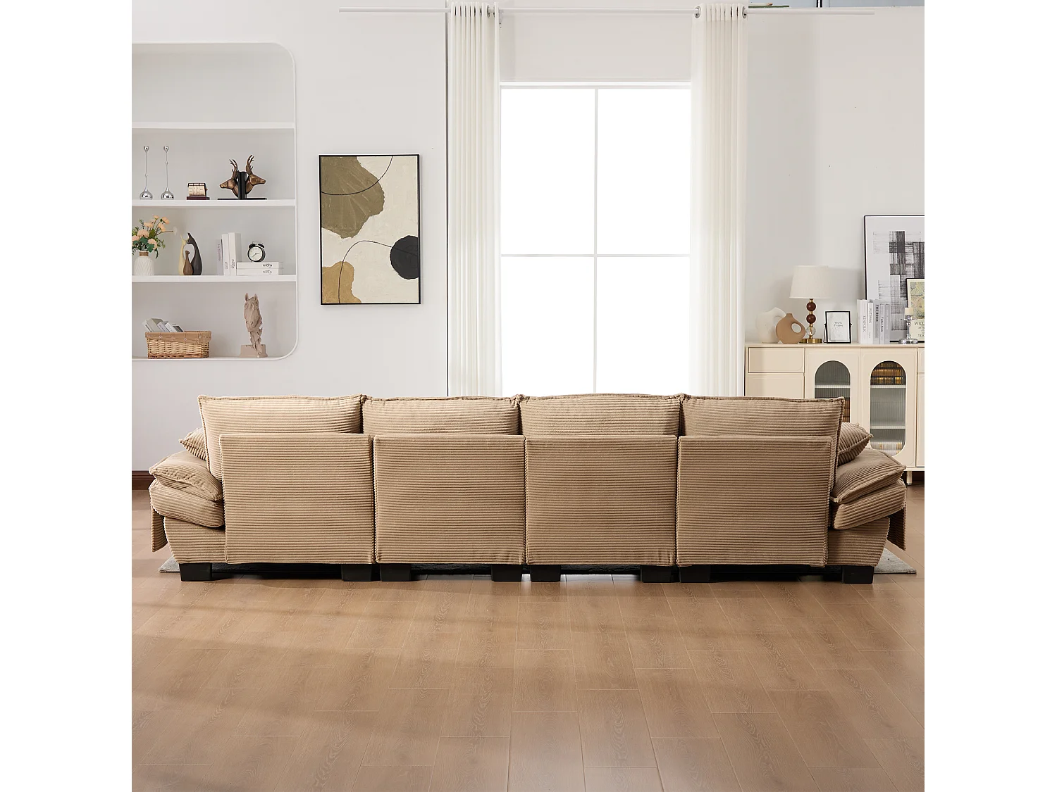 4-Sitzer-Cordsofa-Set – 330 x 132 x 84 cm – mit 2 Aufbewahrungshockern, USB-Anschluss und Taschen – Khaki