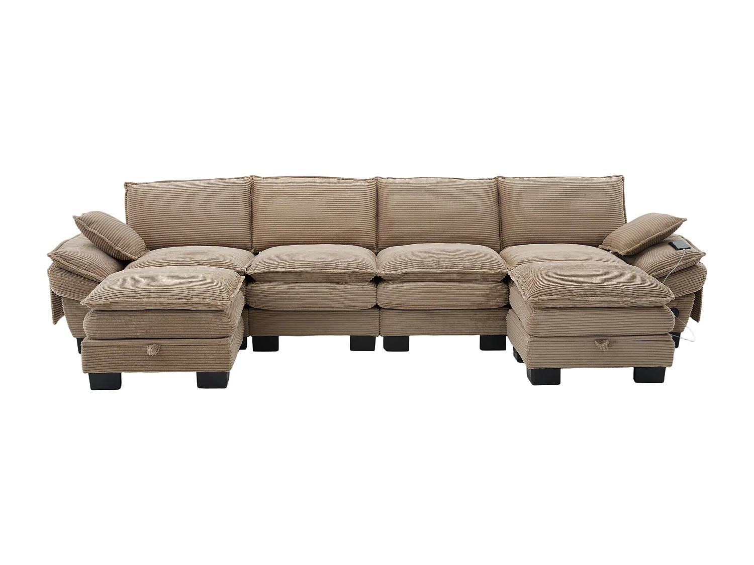 4-Sitzer-Cordsofa-Set – 330 x 132 x 84 cm – mit 2 Aufbewahrungshockern, USB-Anschluss und Taschen – Khaki
