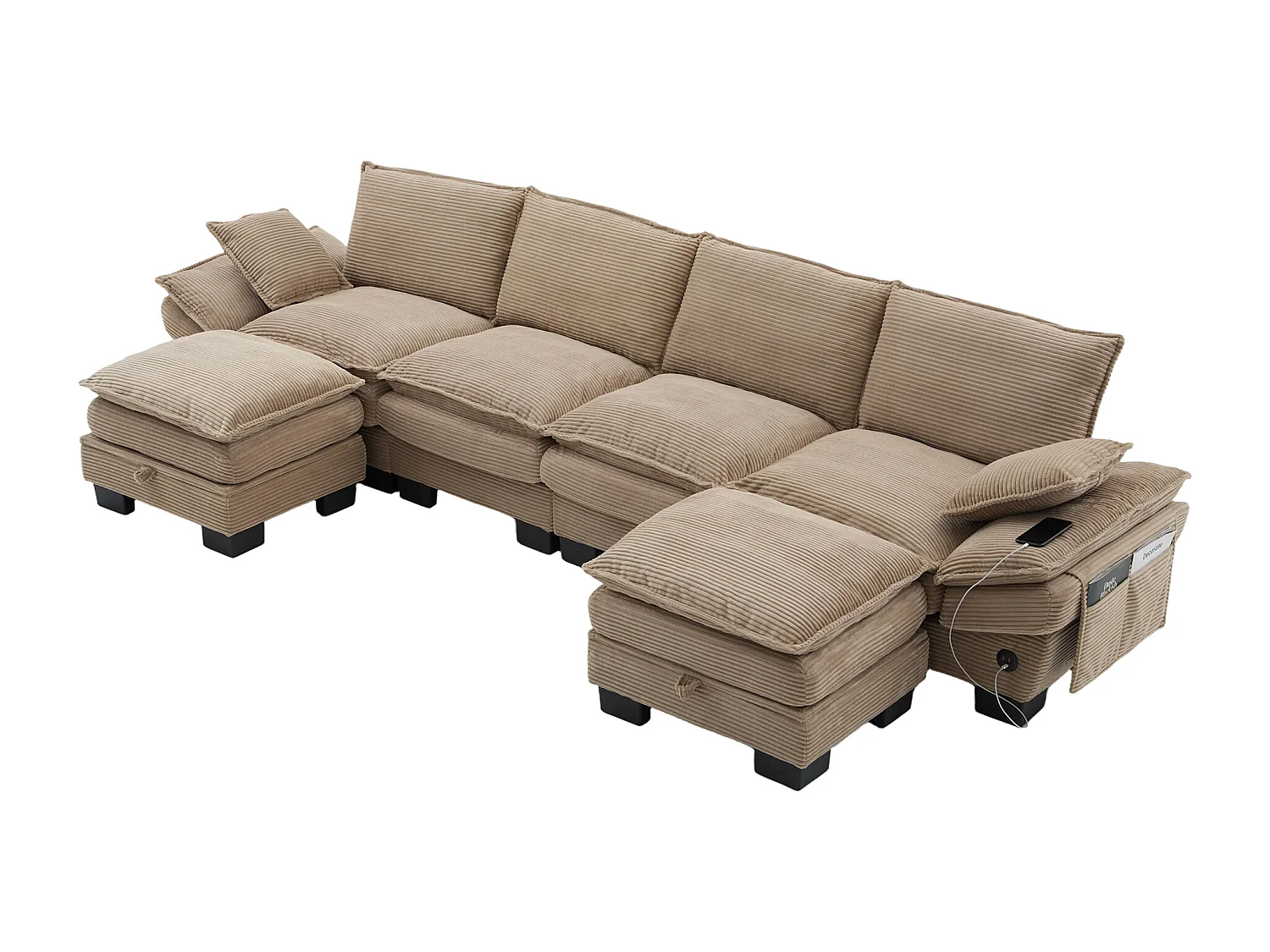 4-Sitzer-Cordsofa-Set – 330 x 132 x 84 cm – mit 2 Aufbewahrungshockern, USB-Anschluss und Taschen – Khaki