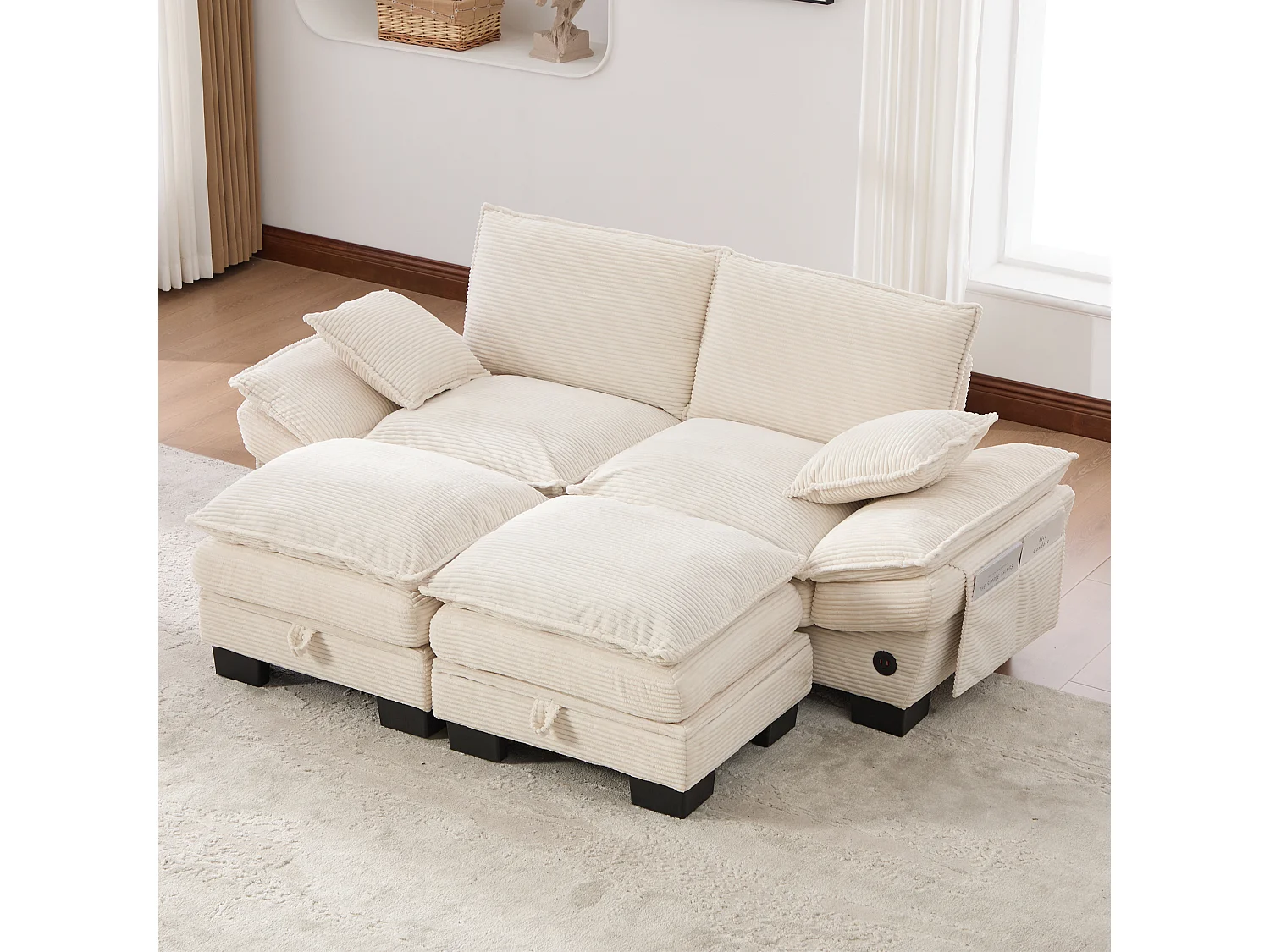 Zweisitzer-Cordsofa-Set – 190 x 132 x 84 cm – mit 2 Aufbewahrungshockern, USB-Anschluss und Taschen – beige
