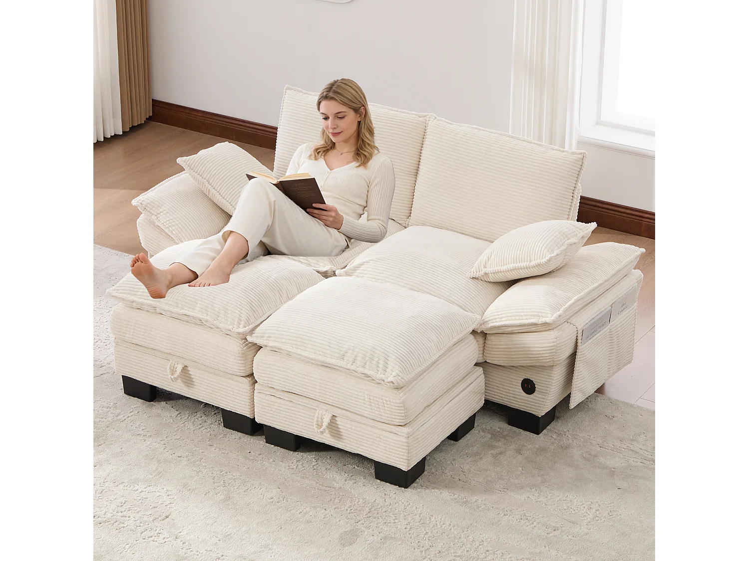 Zweisitzer-Cordsofa-Set – 190 x 132 x 84 cm – mit 2 Aufbewahrungshockern, USB-Anschluss und Taschen – beige