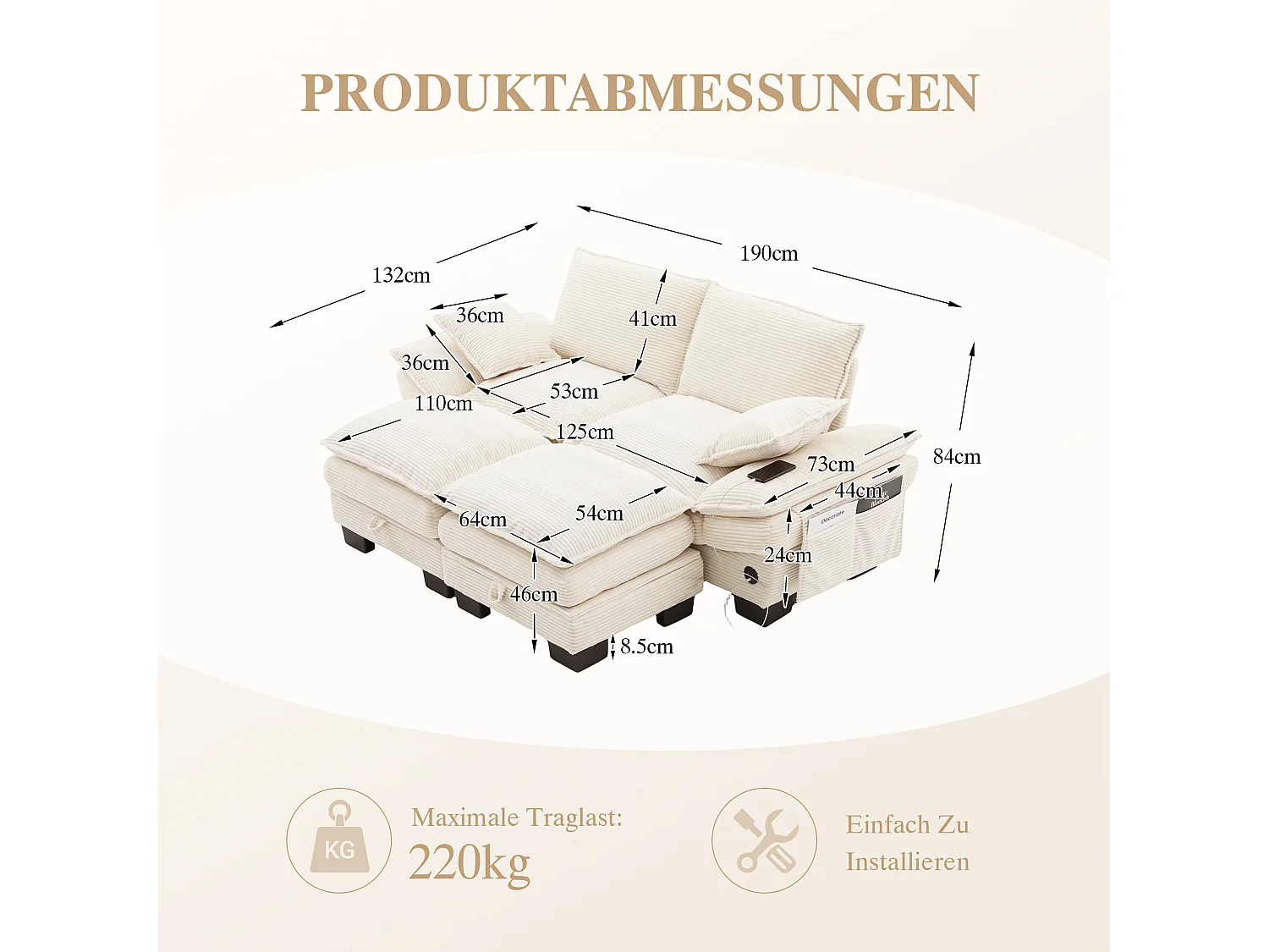 Zweisitzer-Cordsofa-Set – 190 x 132 x 84 cm – mit 2 Aufbewahrungshockern, USB-Anschluss und Taschen – beige