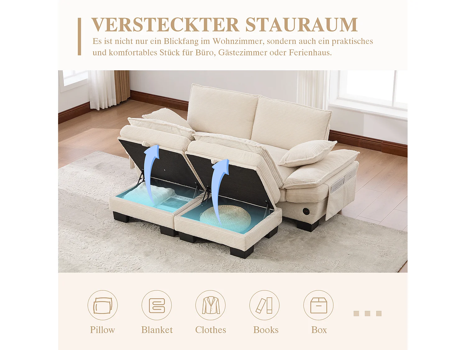 Zweisitzer-Cordsofa-Set – 190 x 132 x 84 cm – mit 2 Aufbewahrungshockern, USB-Anschluss und Taschen – beige
