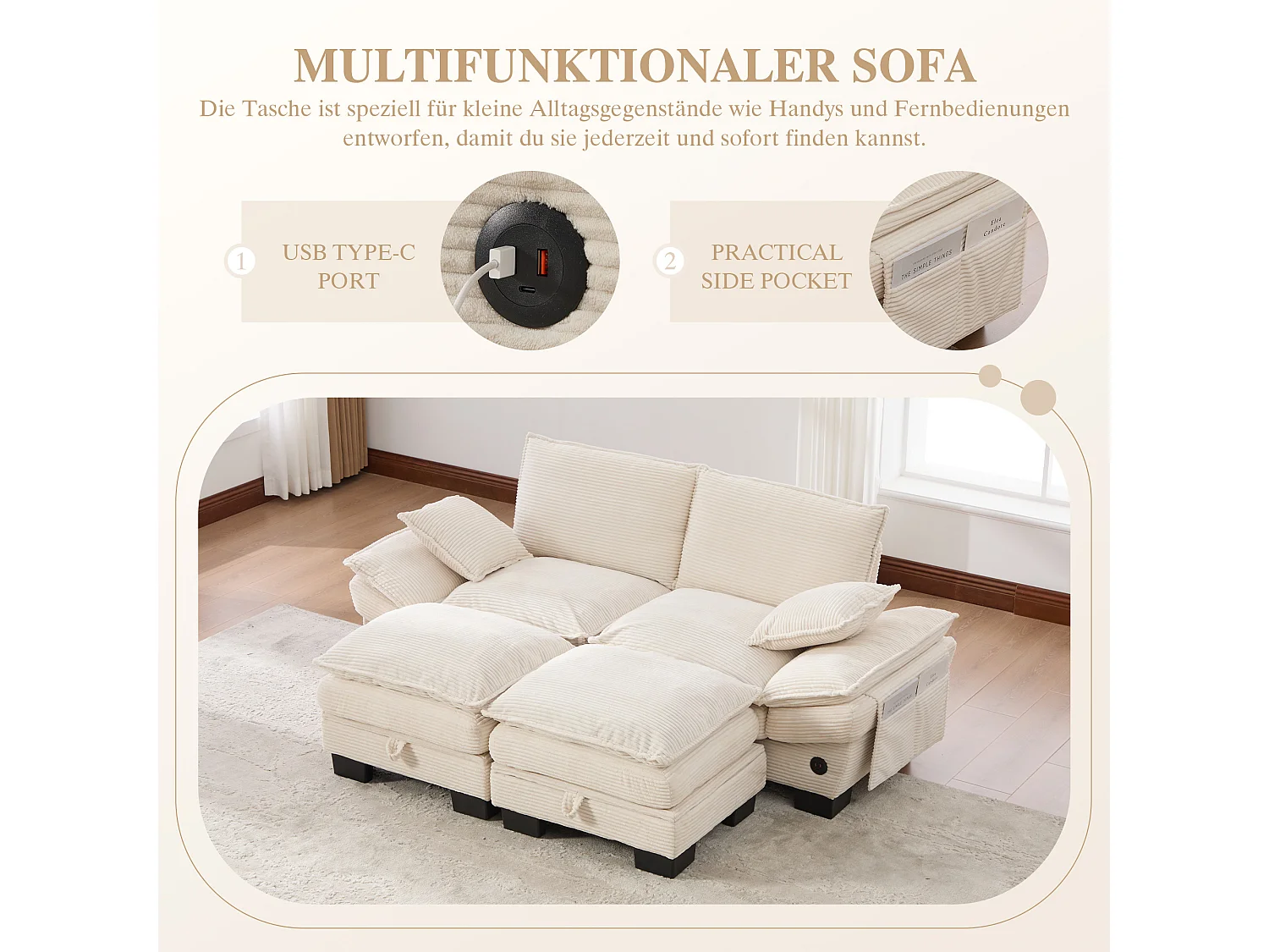 Zweisitzer-Cordsofa-Set – 190 x 132 x 84 cm – mit 2 Aufbewahrungshockern, USB-Anschluss und Taschen – beige