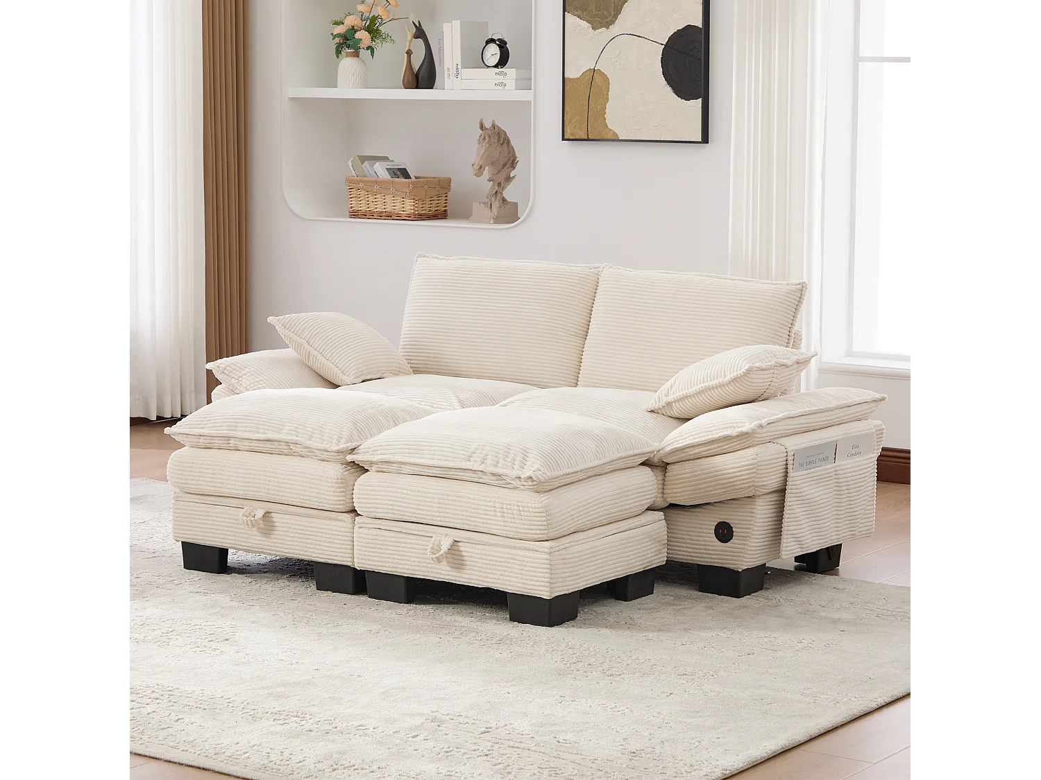 Zweisitzer-Cordsofa-Set – 190 x 132 x 84 cm – mit 2 Aufbewahrungshockern, USB-Anschluss und Taschen – beige