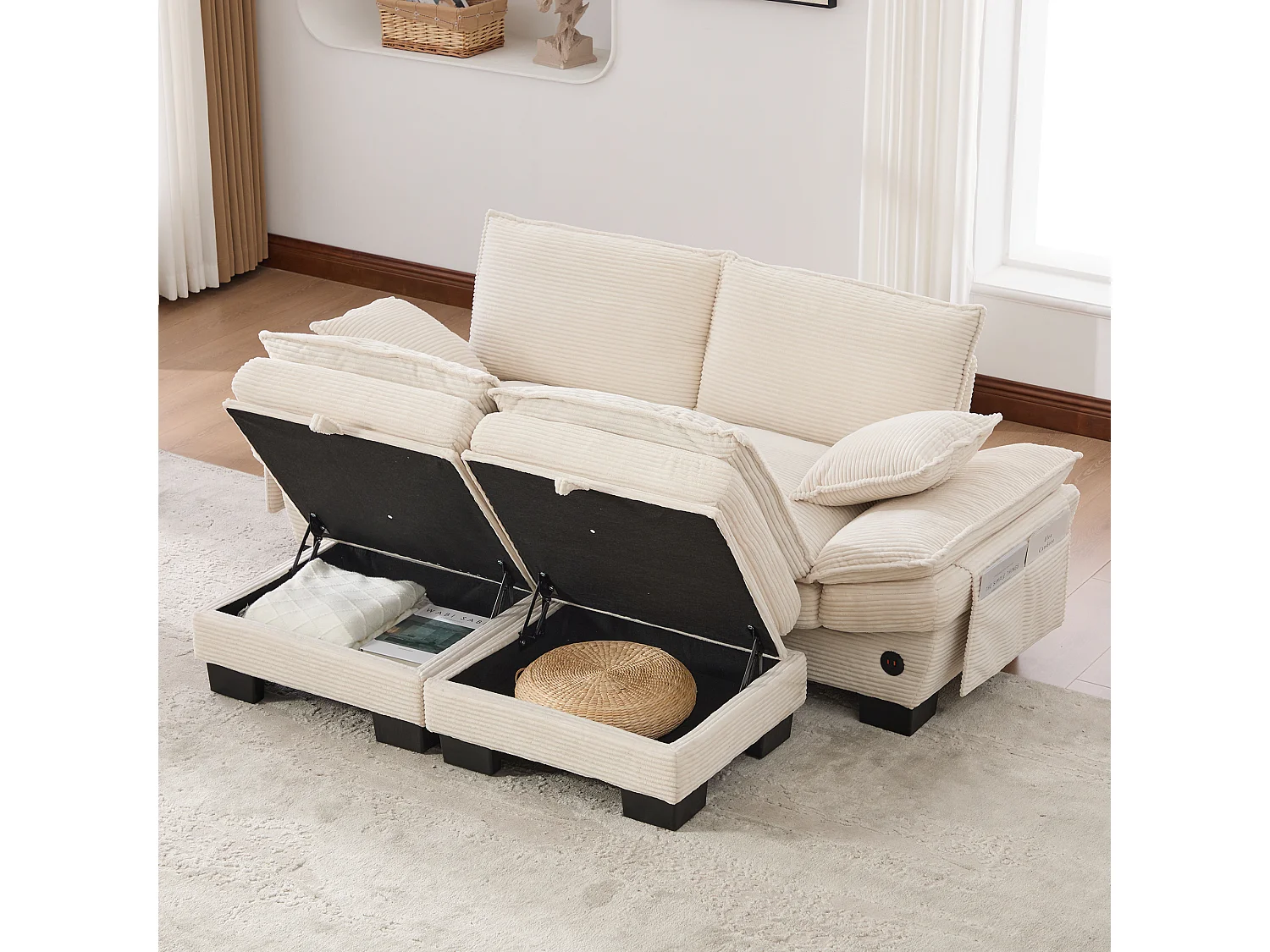 Zweisitzer-Cordsofa-Set – 190 x 132 x 84 cm – mit 2 Aufbewahrungshockern, USB-Anschluss und Taschen – beige