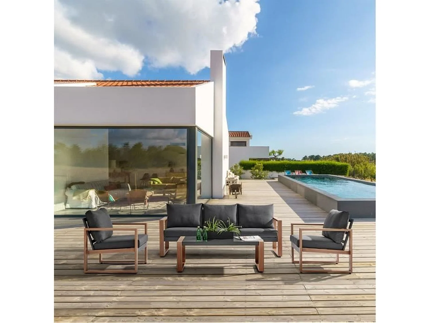 Niedrige Gartenmöbel aus Aluminium in Holzoptik mit Kissen – 5 Personen – PUERTO – Grau