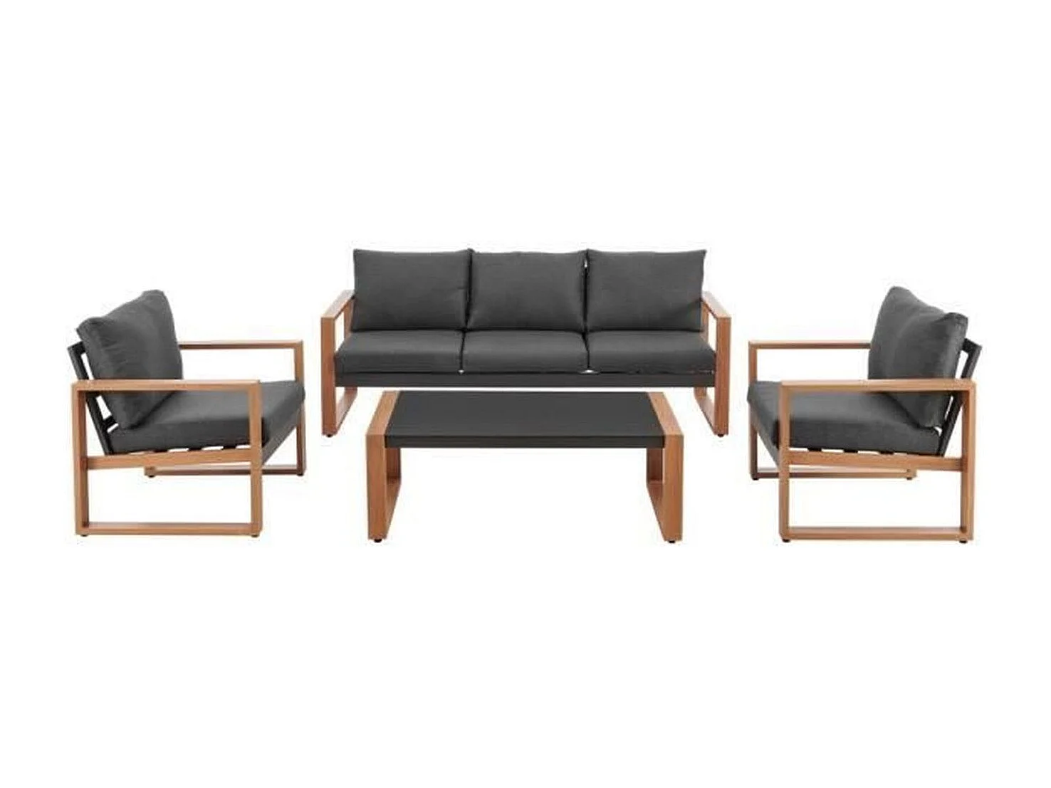 Niedrige Gartenmöbel aus Aluminium in Holzoptik mit Kissen – 5 Personen – PUERTO – Grau