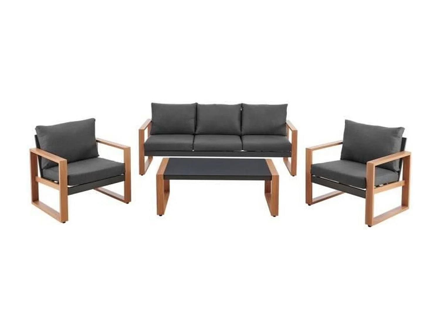 Niedrige Gartenmöbel aus Aluminium in Holzoptik mit Kissen – 5 Personen – PUERTO – Grau