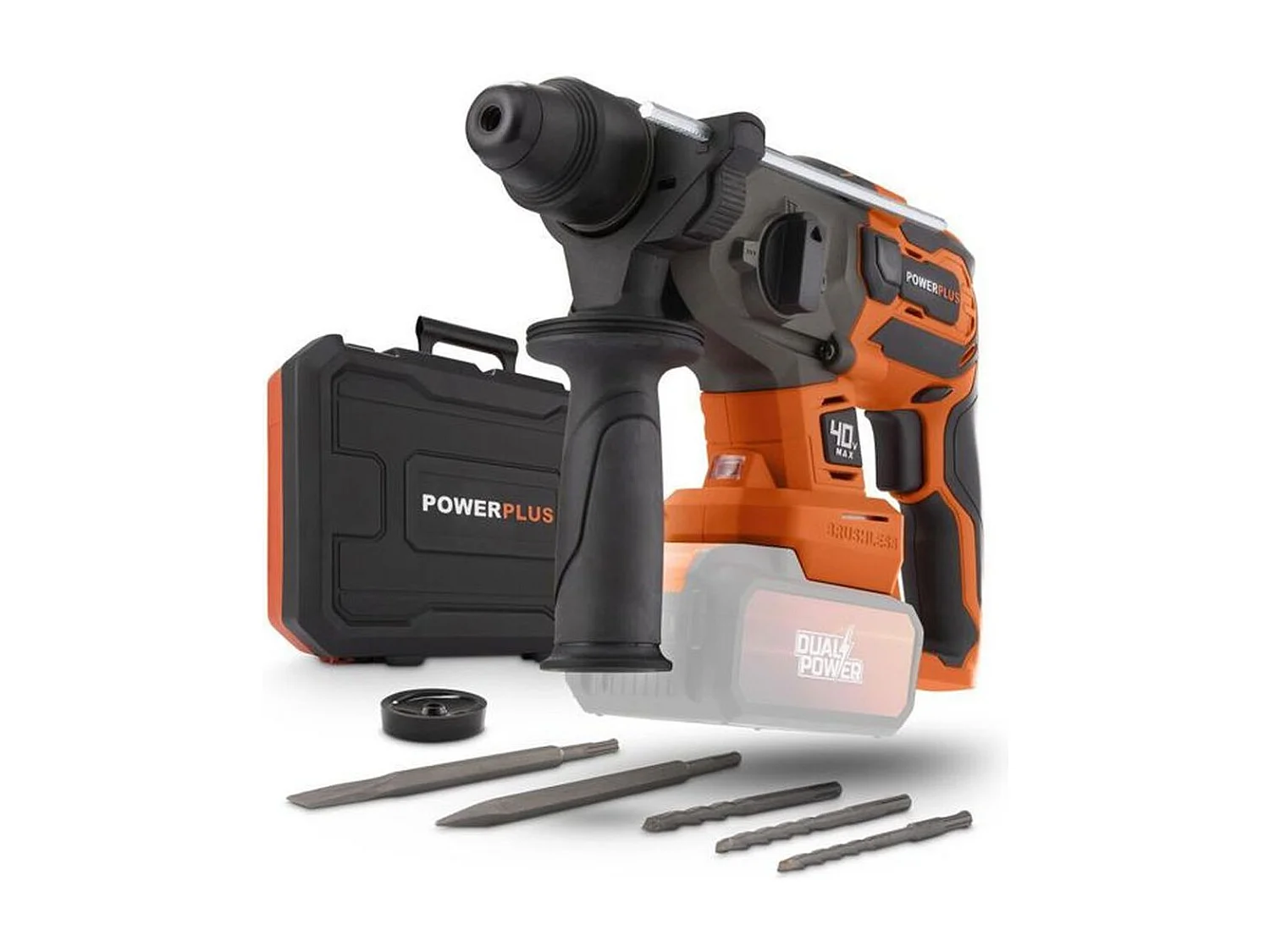 Taladro percutor inalámbrico 40V brushless SDS-Plus Dual Power POWDP15680 con 3 brocas, 2 cinceles y maletín rígido