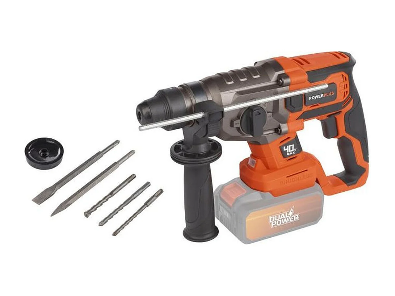 Taladro percutor inalámbrico 40V brushless SDS-Plus Dual Power POWDP15680 con 3 brocas, 2 cinceles y maletín rígido