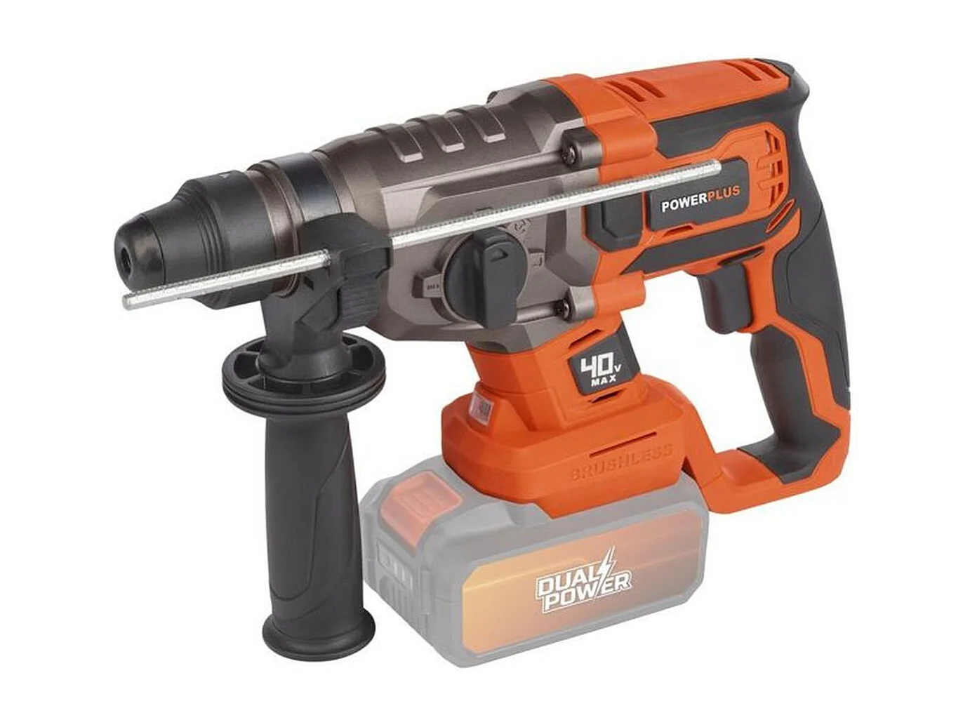 Taladro percutor inalámbrico 40V brushless SDS-Plus Dual Power POWDP15680 con 3 brocas, 2 cinceles y maletín rígido