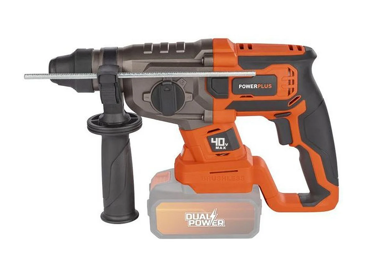 Taladro percutor inalámbrico 40V brushless SDS-Plus Dual Power POWDP15680 con 3 brocas, 2 cinceles y maletín rígido