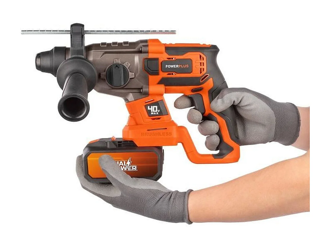 Taladro percutor inalámbrico 40V brushless SDS-Plus Dual Power POWDP15680 con 3 brocas, 2 cinceles y maletín rígido