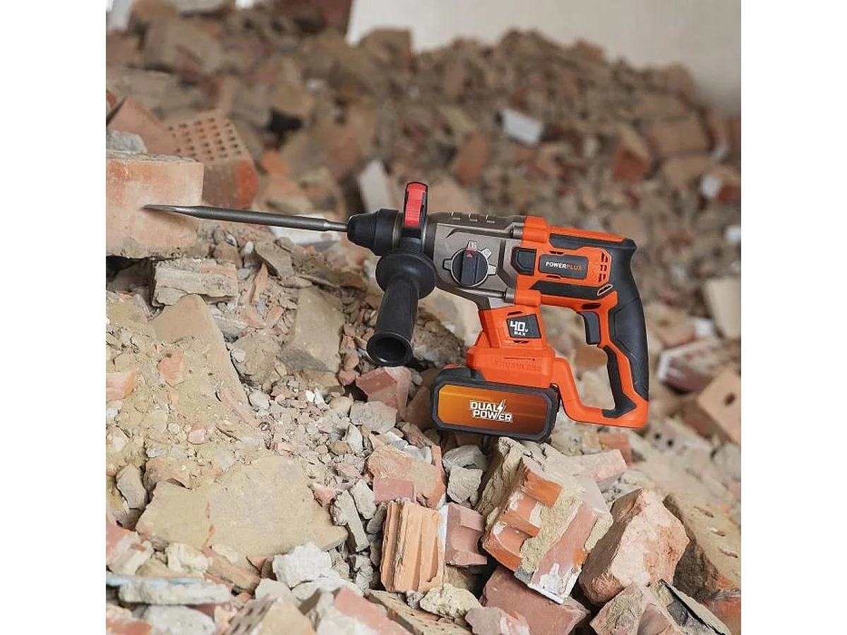 Taladro percutor inalámbrico 40V brushless SDS-Plus Dual Power POWDP15680 con 3 brocas, 2 cinceles y maletín rígido