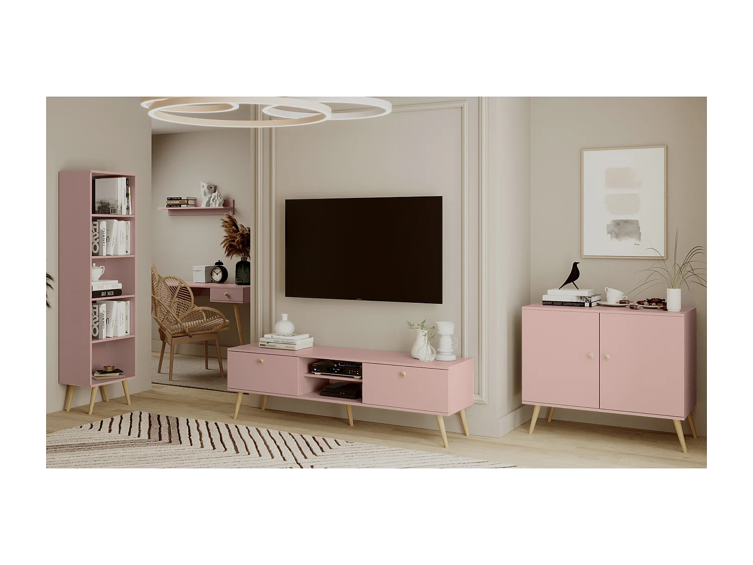 Bibliothèque NATURA 180 cm Rose Poudréo 4 étagères réglables