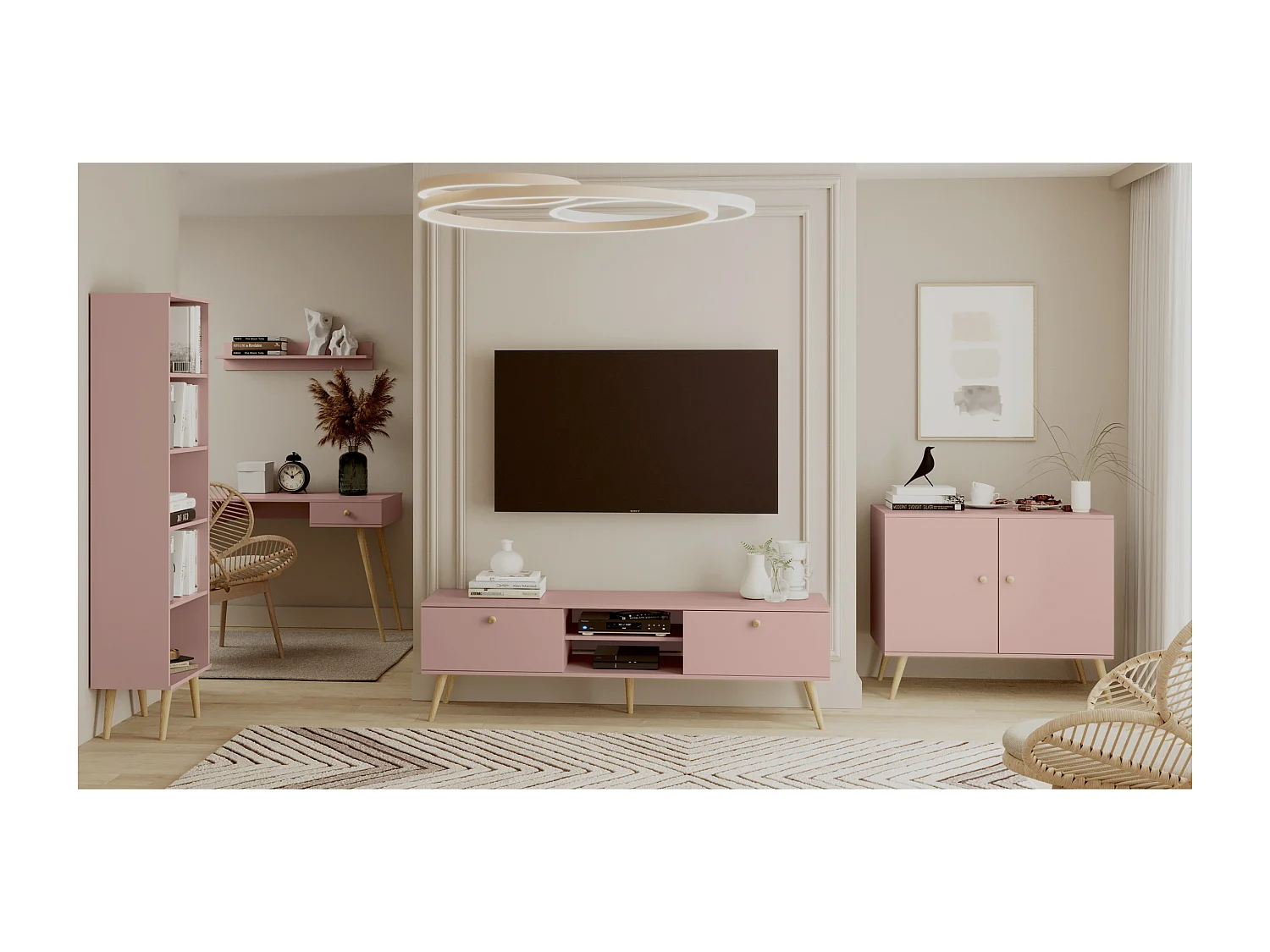 Bibliothèque NATURA 180 cm Rose Poudréo 4 étagères réglables