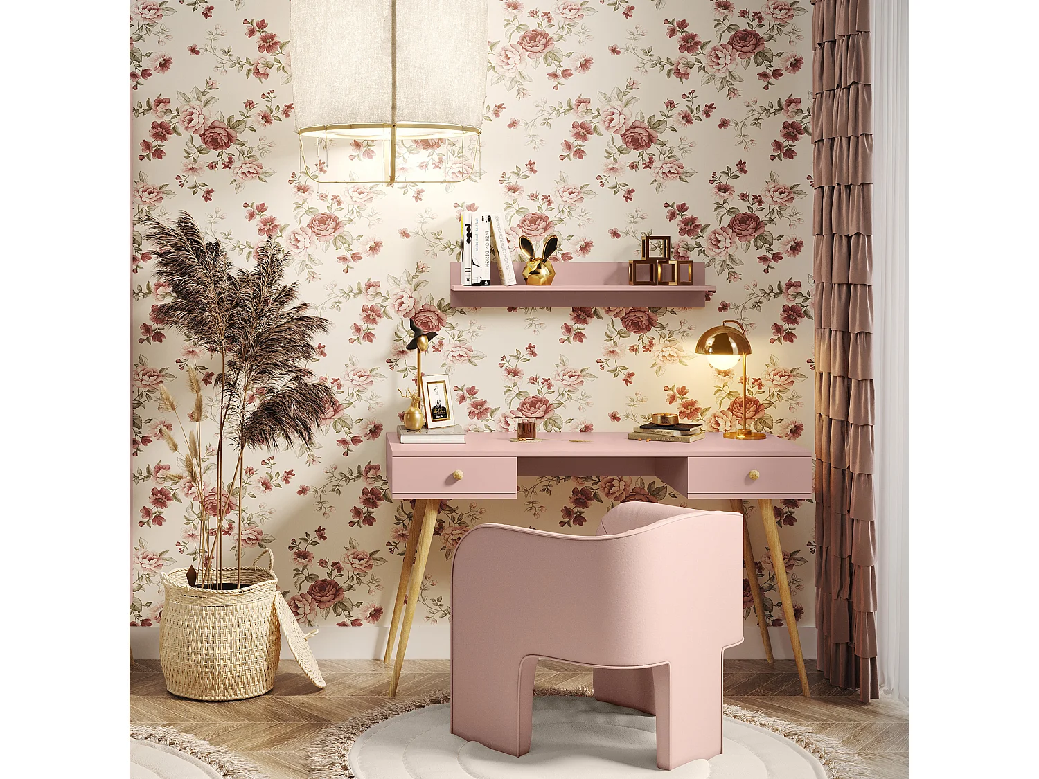 Schreibtisch NATURA, 135 cm, Rosa, mit 2 Schubladen