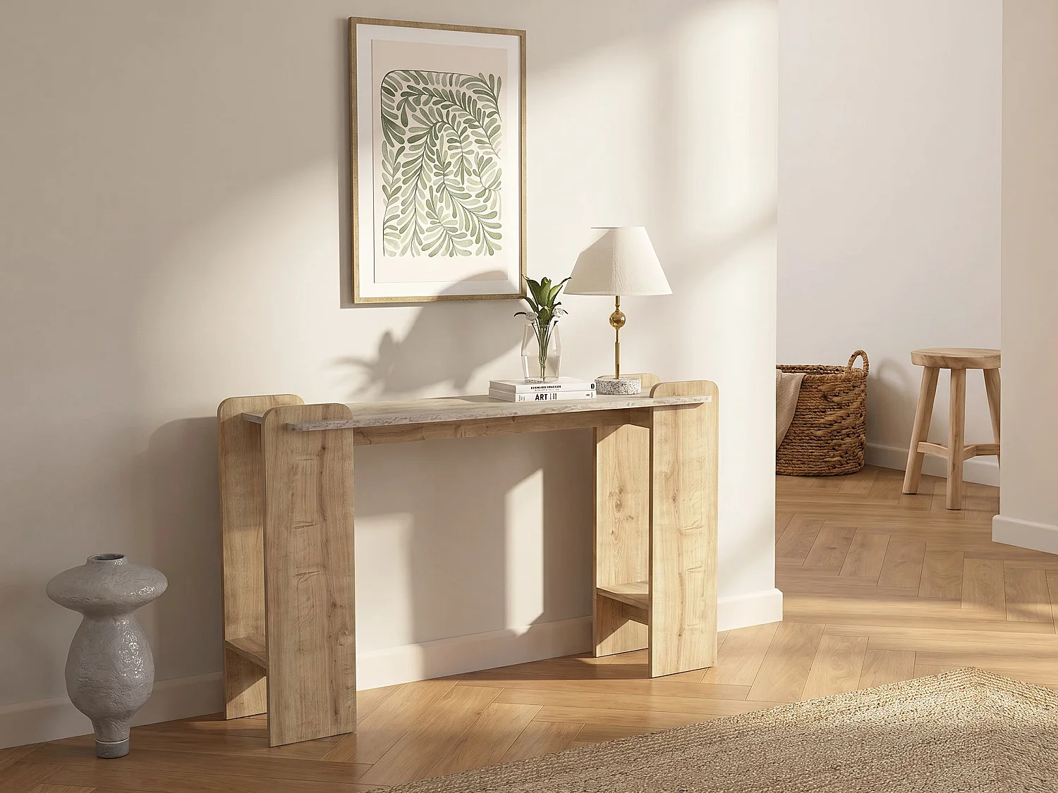 Console avec 2 étagères - Naturel clair et Effet travertin beige - OSENYA