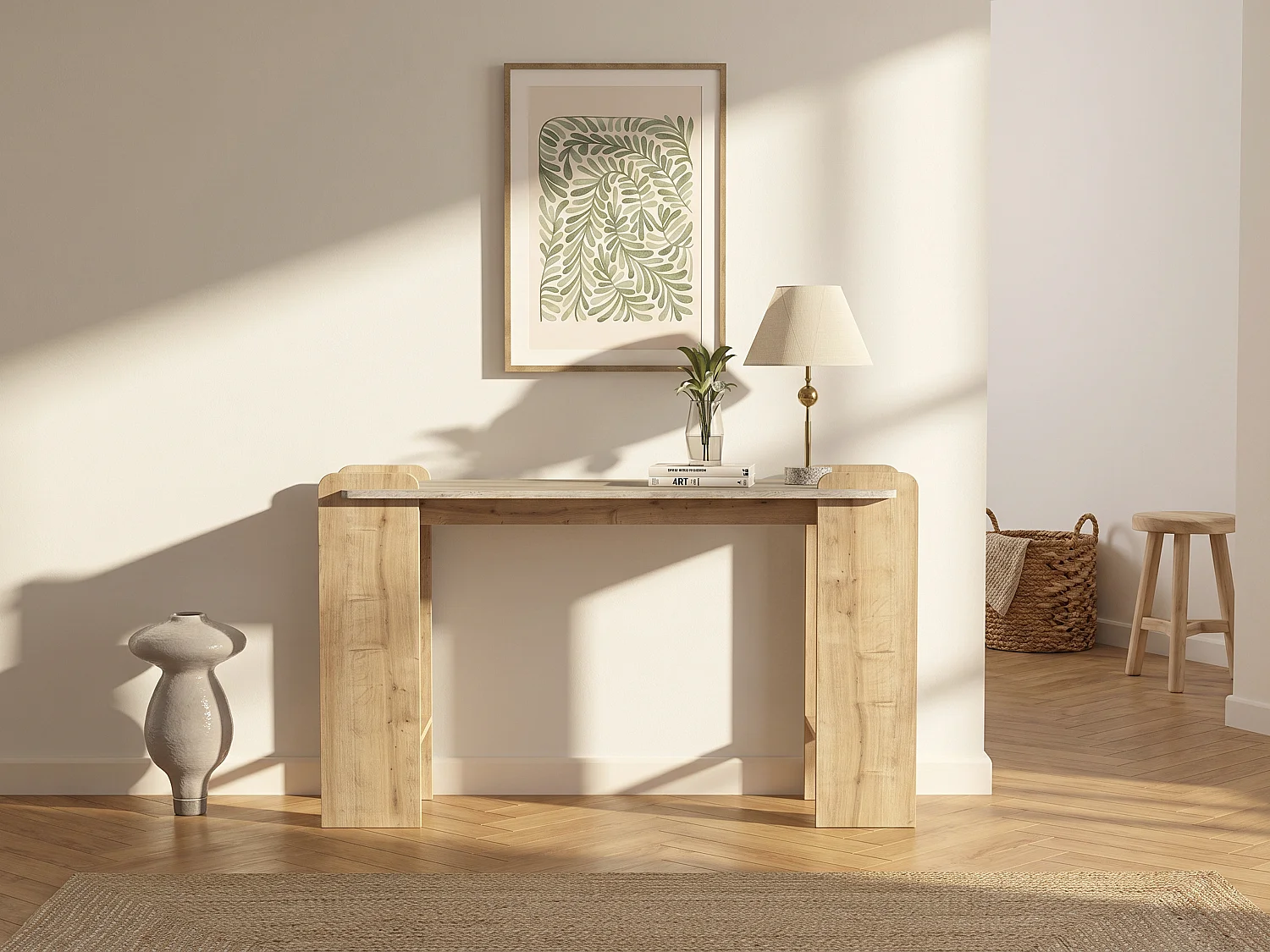 Console avec 2 étagères - Naturel clair et Effet travertin beige - OSENYA