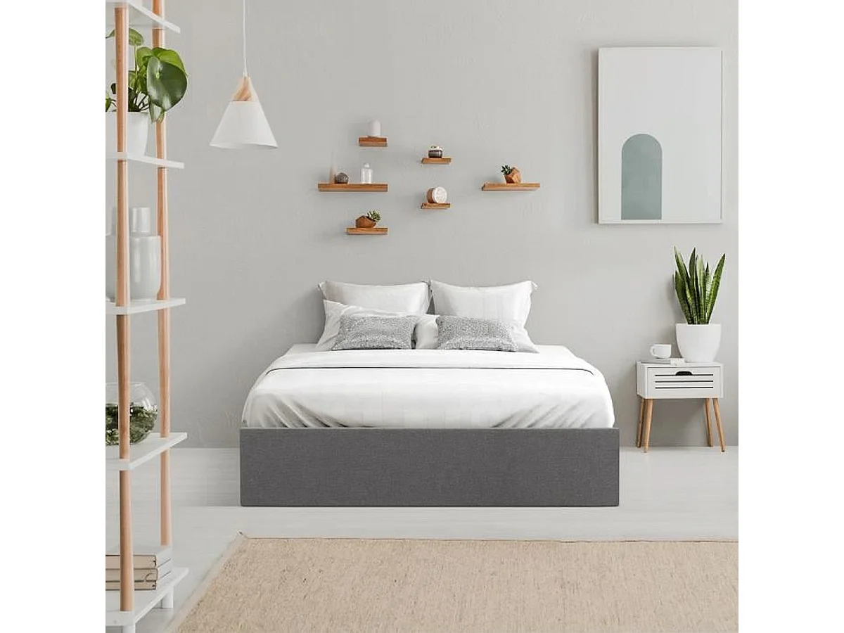 ECLIPSE Lit coffre 140x190 cm - Tissu gris clair - Sommier inclus