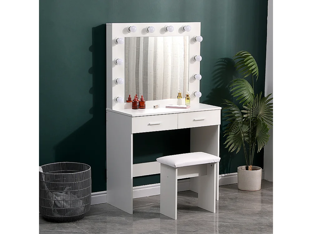 White Dressing Table Set with 12-Light Hollywood Mirror and Stool