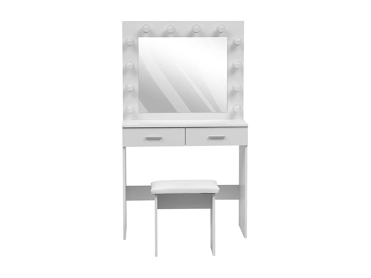 White Dressing Table Set with 12-Light Hollywood Mirror and Stool