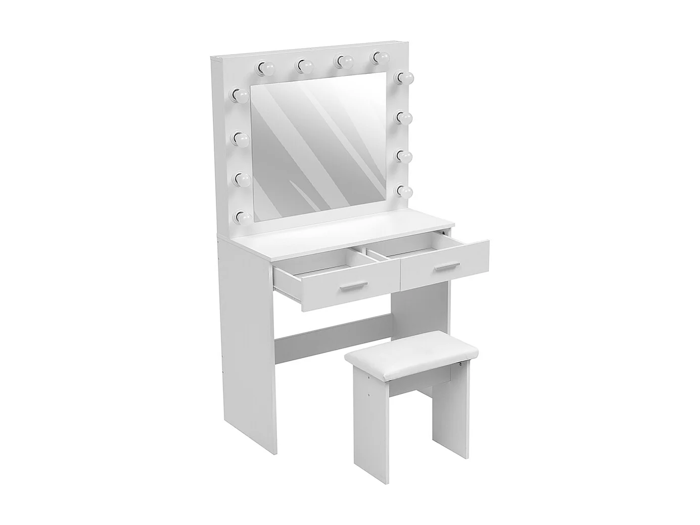 White Dressing Table Set with 12-Light Hollywood Mirror and Stool